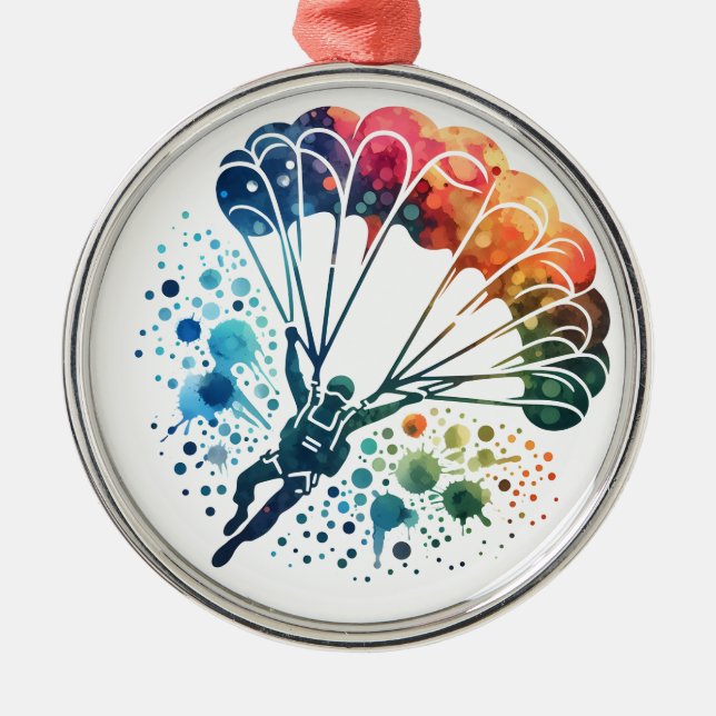 Colourful Watercolor Parachutist Metal Tree Decoration (Front)