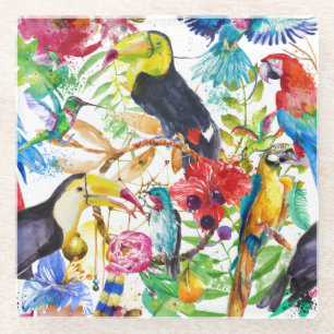 Colourful Watercolor Parrots 2 Glass Coaster