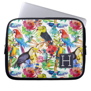 Colourful Watercolor Parrots   Add Your Initial Laptop Sleeve
