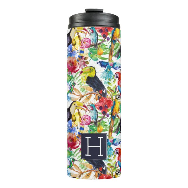 Colourful Watercolor Parrots | Add Your Initial Thermal Tumbler (Front)
