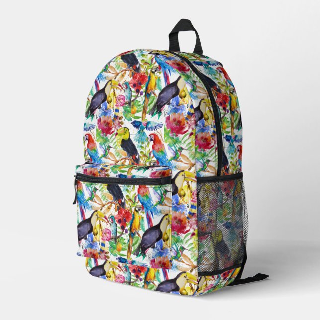 Colourful Watercolor Parrots Printed Backpack (Back Corner Right)
