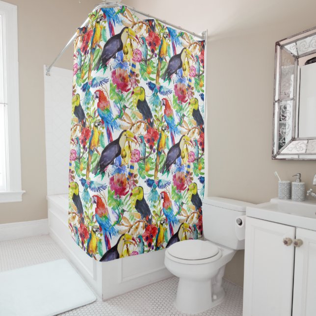 Colourful Watercolor Parrots Shower Curtain (In Situ)