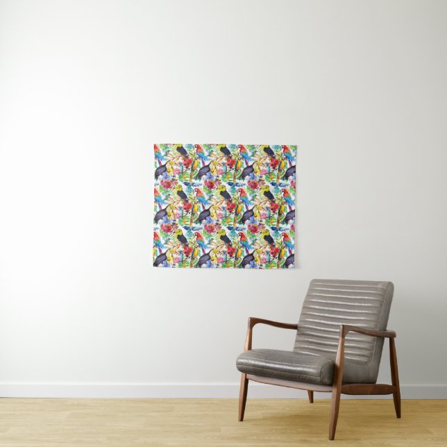 Colourful Watercolor Parrots Tapestry (In Situ (Horizontal))