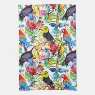 Colourful Watercolor Parrots Tea Towel