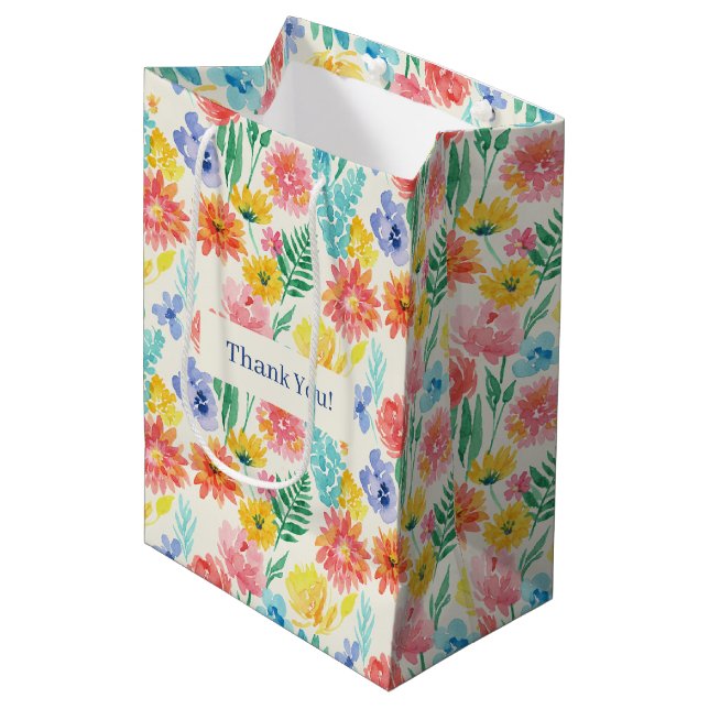 Colourful Watercolor Pastel Floral Medium Gift Bag (Front Angled)