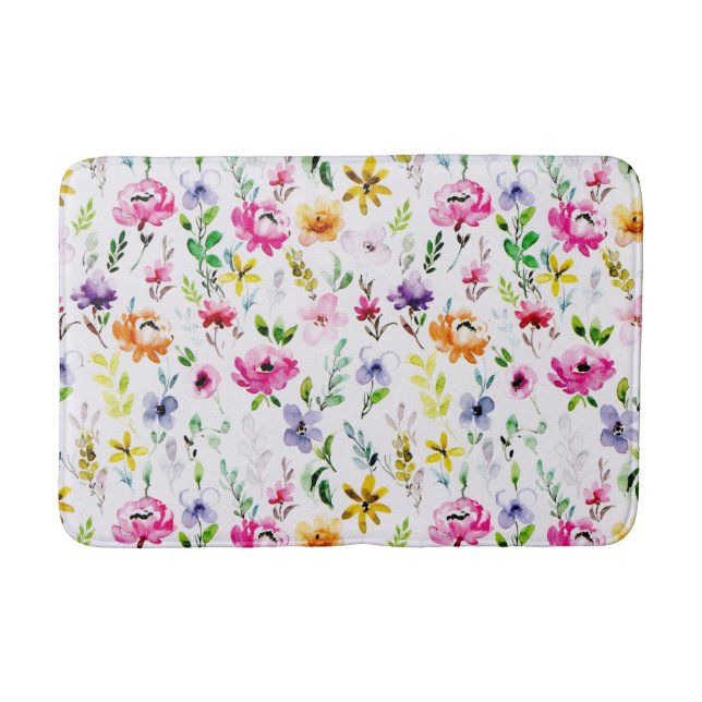 Colourful Watercolor Pastel Flowers Bath Mat (Front)