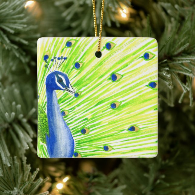Colourful Watercolor Peacock Ceramic Ornament (Tree)