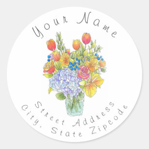 Colourful Watercolor, Pen & Ink Floral Bouquet  Classic Round Sticker
