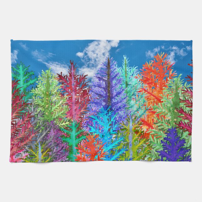 Colourful Watercolor Pine Trees Kitchen Towel (Horizontal)