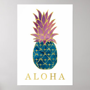 Colourful Watercolor Pineapple and Gold Aloha Poster