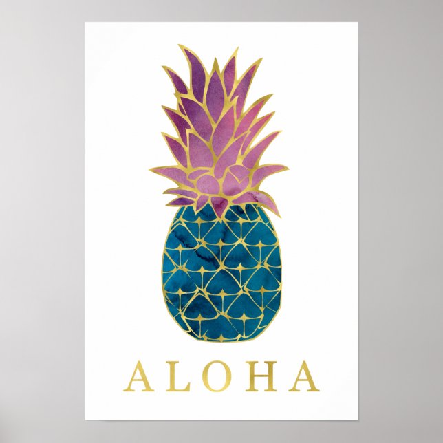 Colourful Watercolor Pineapple and Gold Aloha Poster (Front)