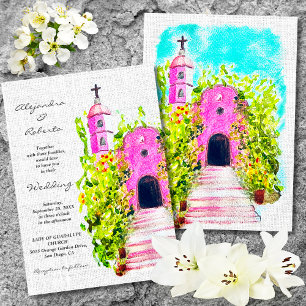 Colourful Watercolor Pink Chapel Mexican Wedding Invitation