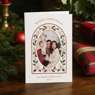Colourful Watercolor Poinsettia & Holly Arch Photo Holiday Card