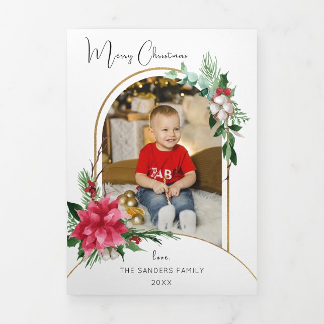 Colourful Watercolor Poinsettias, Pine & Arch Phot Tri-Fold Card (Cover)