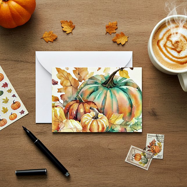 Colourful watercolor pumpkins and leaves card (Creator Uploaded)