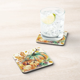 Colourful watercolor pumpkins and leaves coaster