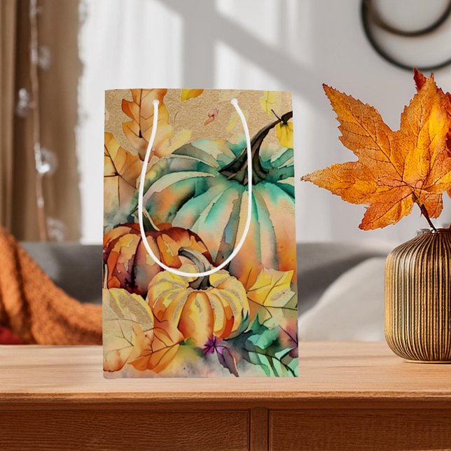Colourful watercolor pumpkins and leaves medium gift bag (Creator Uploaded)