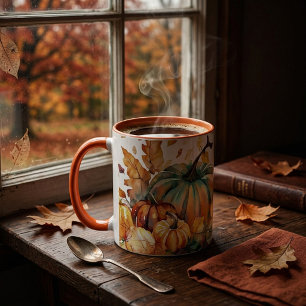 Colourful watercolor pumpkins and leaves mug