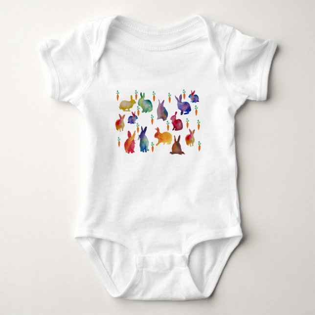 Colourful Watercolor Rabbits Easter Baby Bodysuit (Front)