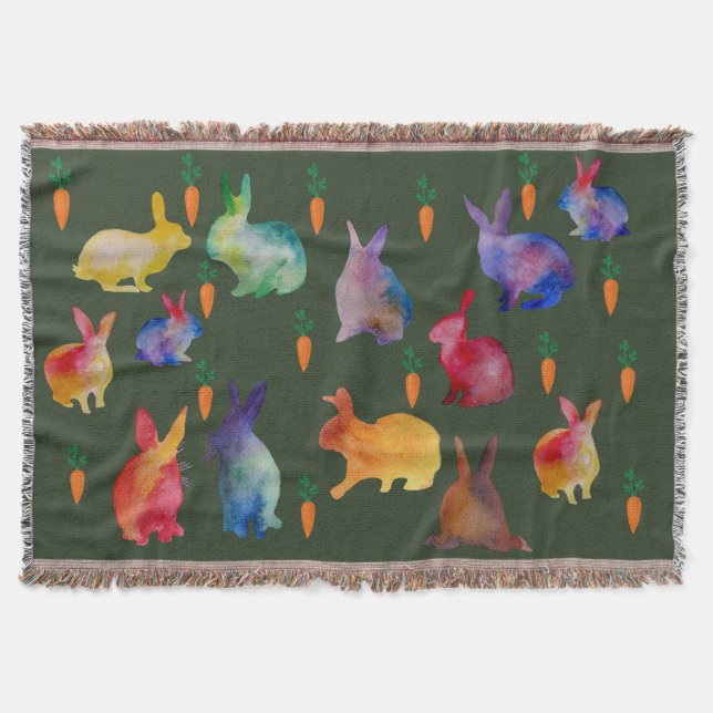 Colourful Watercolor Rabbits Easter Throw Blanket (Front)