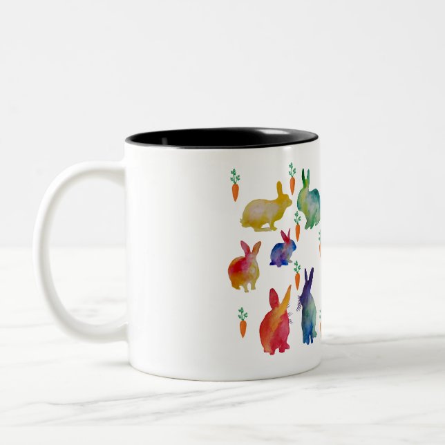 Colourful Watercolor Rabbits Easter Two-Tone Coffee Mug (Left)