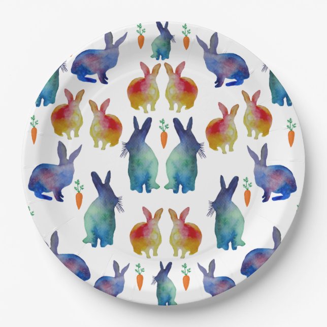 Colourful Watercolor rabbits Paper Plate (Front)