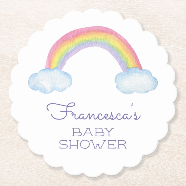 Colourful Watercolor Rainbow Baby Shower Paper Coaster (Front)