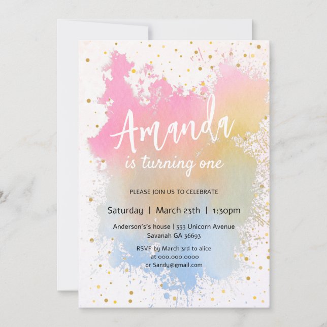 Colourful Watercolor Rainbow birthday Invitation (Front)