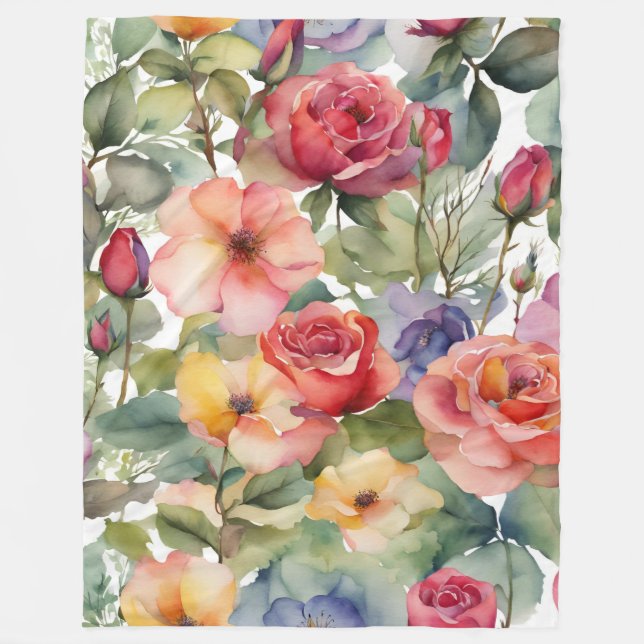 Colourful Watercolor Roses Wildflowers Floral Fleece Blanket (Front)