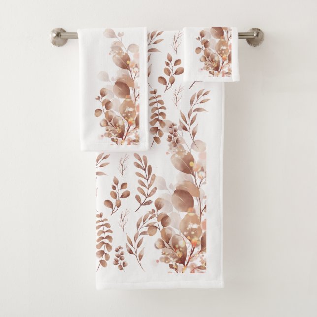 Colourful Watercolor Rustic Fall Eucalyptus Leaves Bath Towel Set (Insitu)