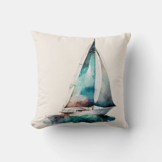 Colourful Watercolor Sailboat Throw Pillow