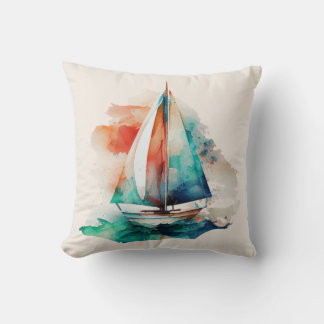 Colourful Watercolor Sailboat Throw Pillow