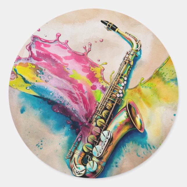 Colourful Watercolor Saxophone Splash Classic Round Sticker (Front)