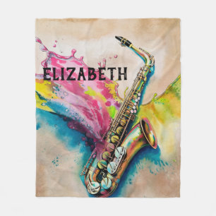 Colourful Watercolor Saxophone Splash Custom Fleece Blanket