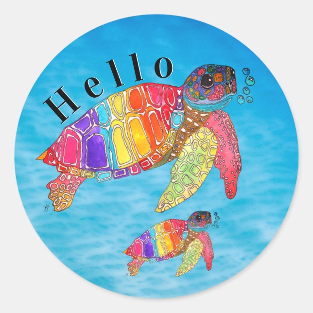 Colourful Watercolor Sea Turtle Classic Round Sticker (Front)