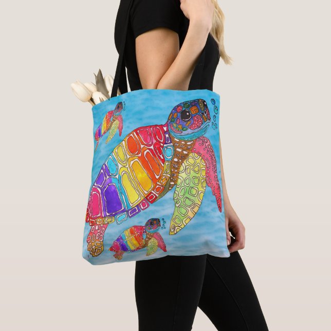 Colourful Watercolor Sea Turtle  Tote Bag (Close Up)