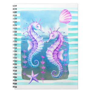 Colourful Watercolor Seahorses and Shells Notebook