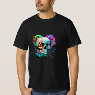 Colourful Watercolor Skull Heart and Flowers T-Shirt