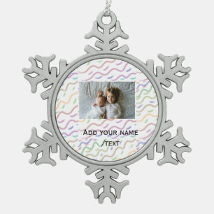 Colourful watercolor spiral pattern add photo name snowflake pewter christmas ornament