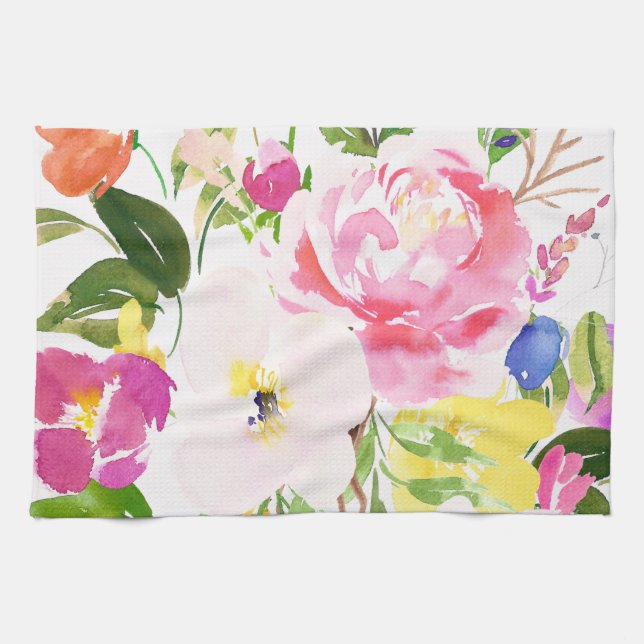 Colourful Watercolor Spring Blooms Floral Tea Towel (Horizontal)