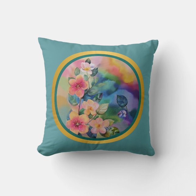 Colourful Watercolor Spring Branch with Flowers  Cushion (Front)