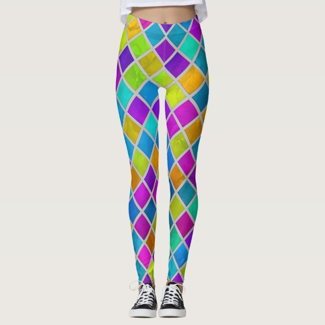 Colourful Watercolor Squares Any Colour Grid Leggings (Front)