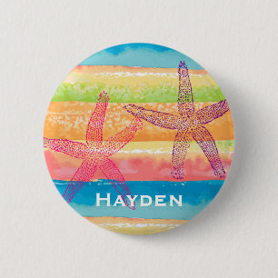 Colourful Watercolor Stripes Starfish Personalised 6 Cm Round Badge