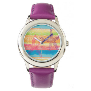 Colourful Watercolor Stripes Starfish Watch