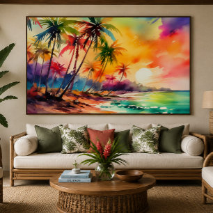 Colourful watercolor sunset Tropical XL art Canvas Print