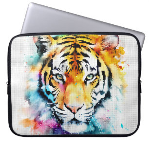 Colourful Watercolor Tiger Head in Geometric Style Laptop Sleeve
