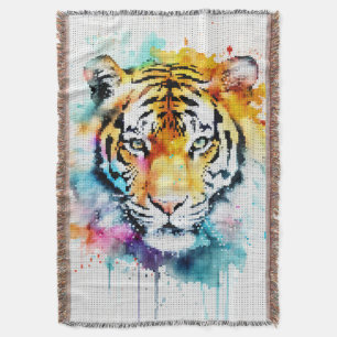 Colourful Watercolor Tiger Head in Geometric Style Throw Blanket