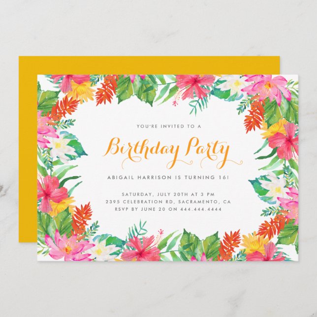 Colourful Watercolor Tropical Summer Birthday Part Invitation (Front/Back)