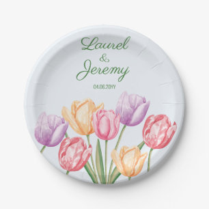 Colourful Watercolor Tulip Flowers Spring Wedding Paper Plate