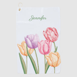 Colourful Watercolor Tulip Flowers With Custom Nam Golf Towel